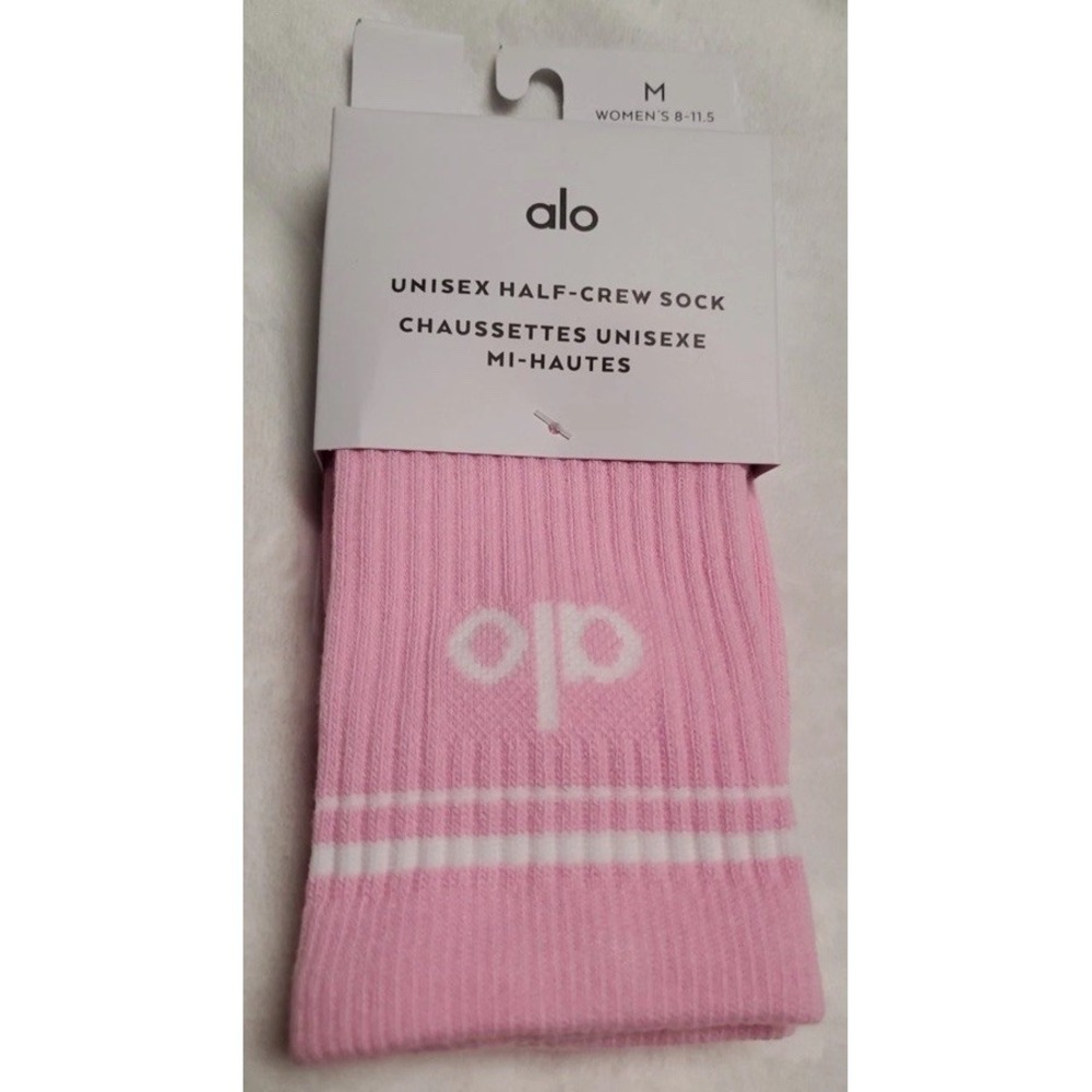 Alo Unisex Half-Crew Throwback Socks Pink/White Women's Medium 8-11.5 NWT